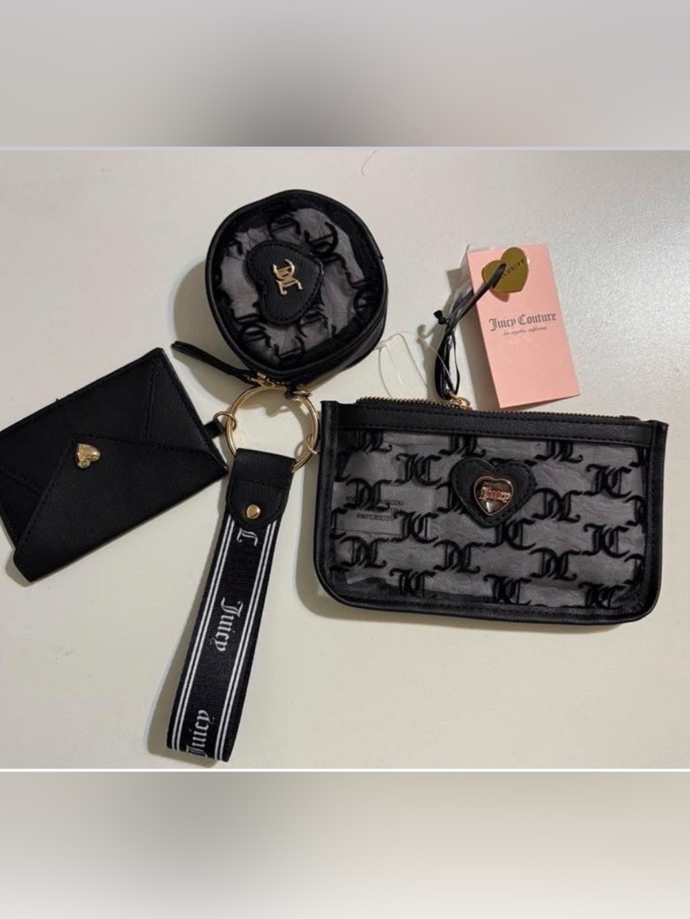 Juicy Couture Black Monogram Wristlet Keychain Pouch Set with Gold Hardware
